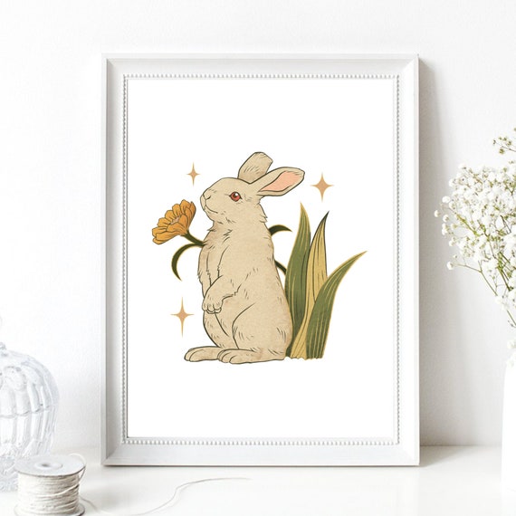 Din A4 Art Print Without Frame Cute Rabbit With Flower Rabbit Bunny Graphic Modern Poster Print