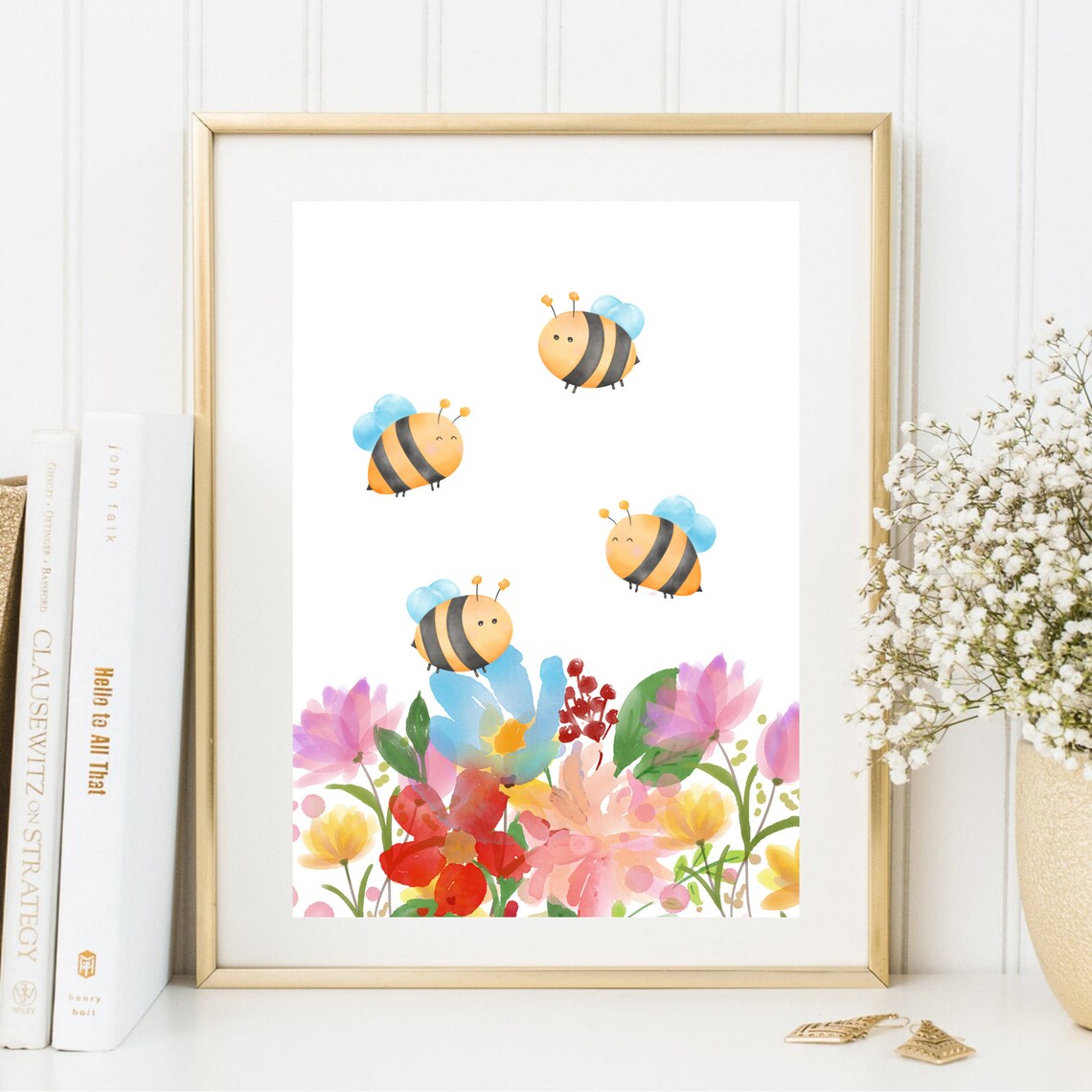 Cute Bumblebees Watercolor Meadow Flowers Kids Room Nature Poster - Image 2