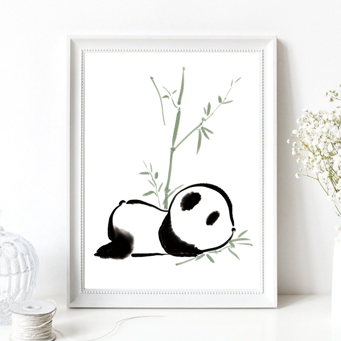 Sleeping Panda Bamboo Minimalist Ink Wash Cute Animal Wall Art - Image 2