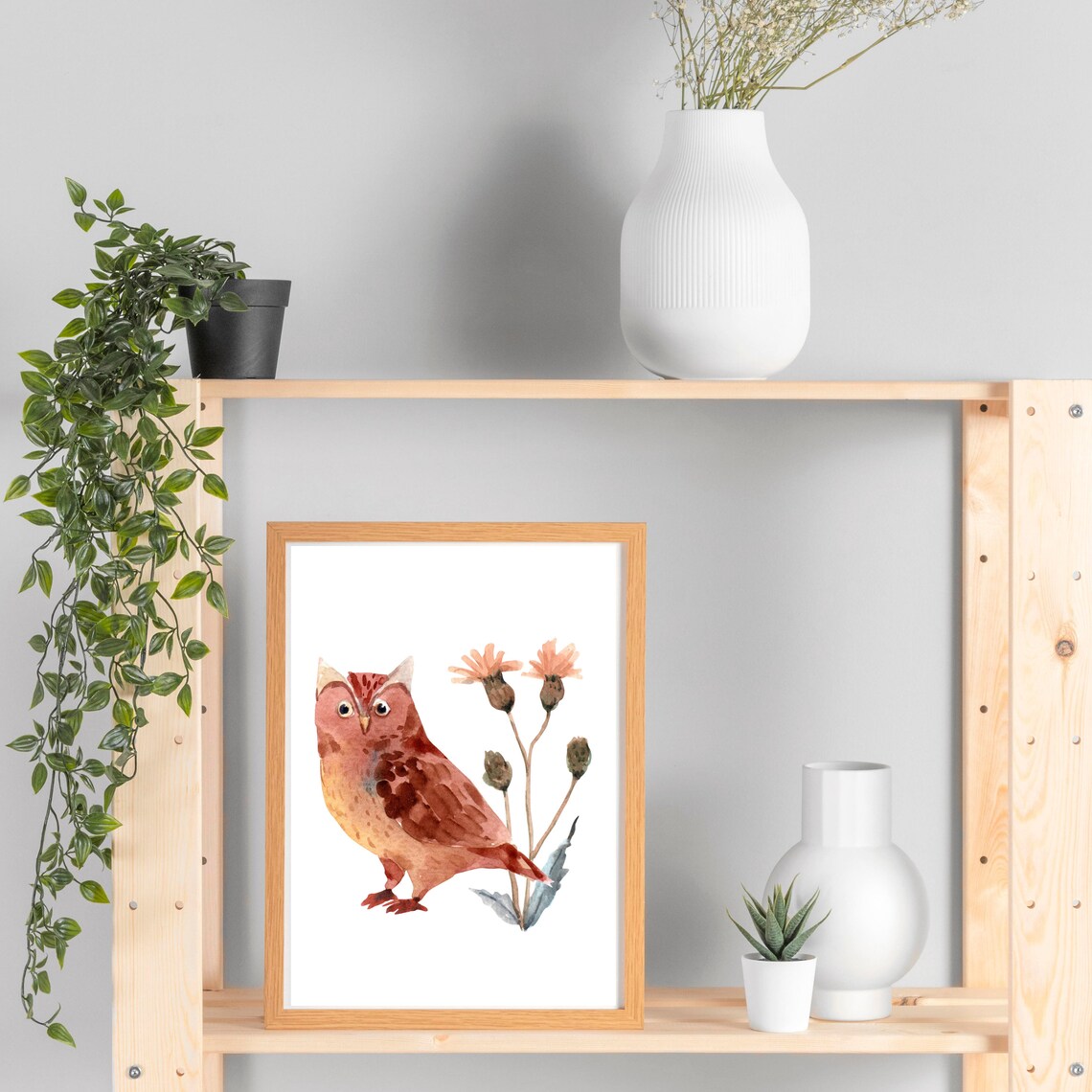 Warm Brown Watercolor Owl with Autumn Thistle Flowers Bird Art Poster - Image 3