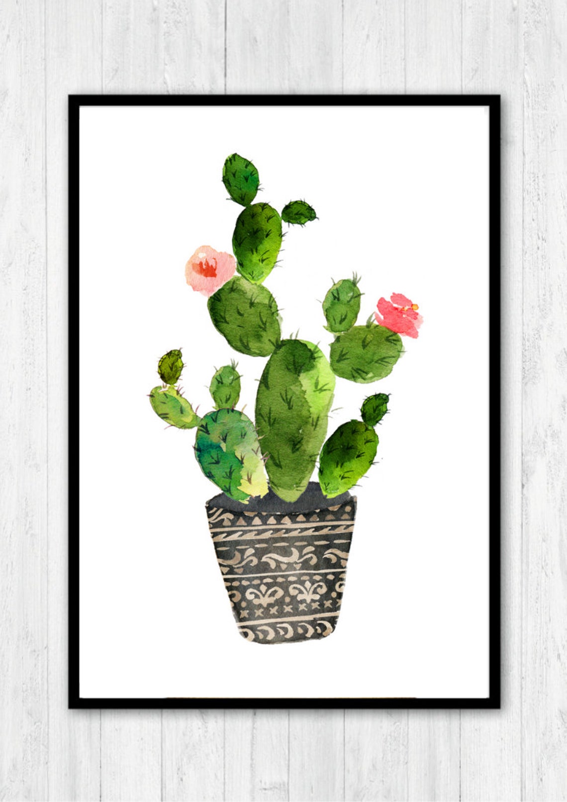 Prickly Pear Cactus Watercolor Poster Botanical Plant in Patterned Pot - Image 2