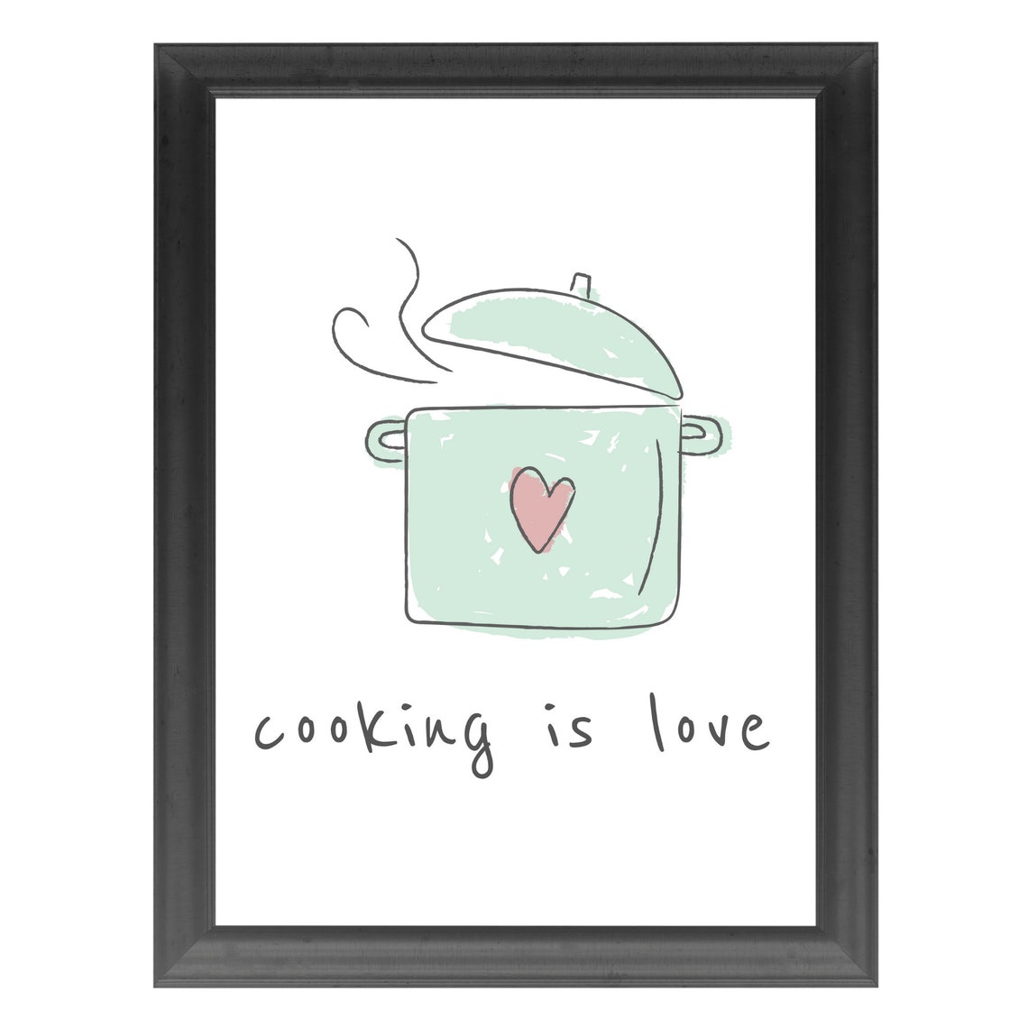 Cooking Is Love Mint Green Pot Heart Doodle Kitchen Quote Wall Art - Image 3