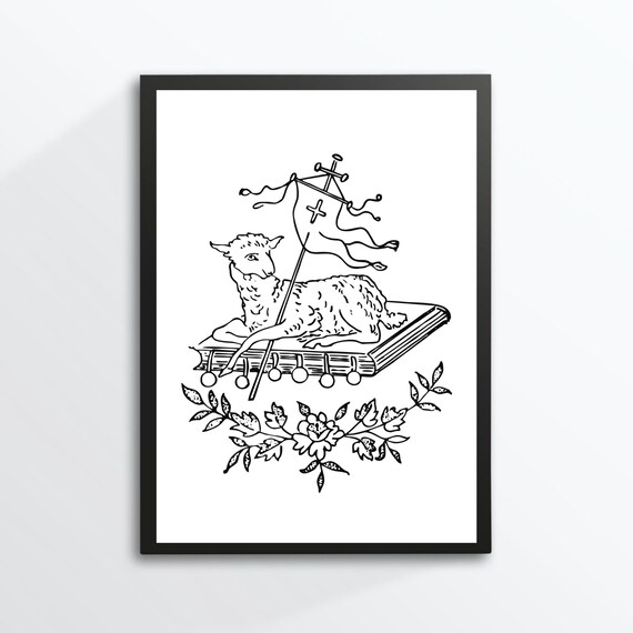 Lamb of God on Sacred Book Cross Banner Sketch Christian Art Print