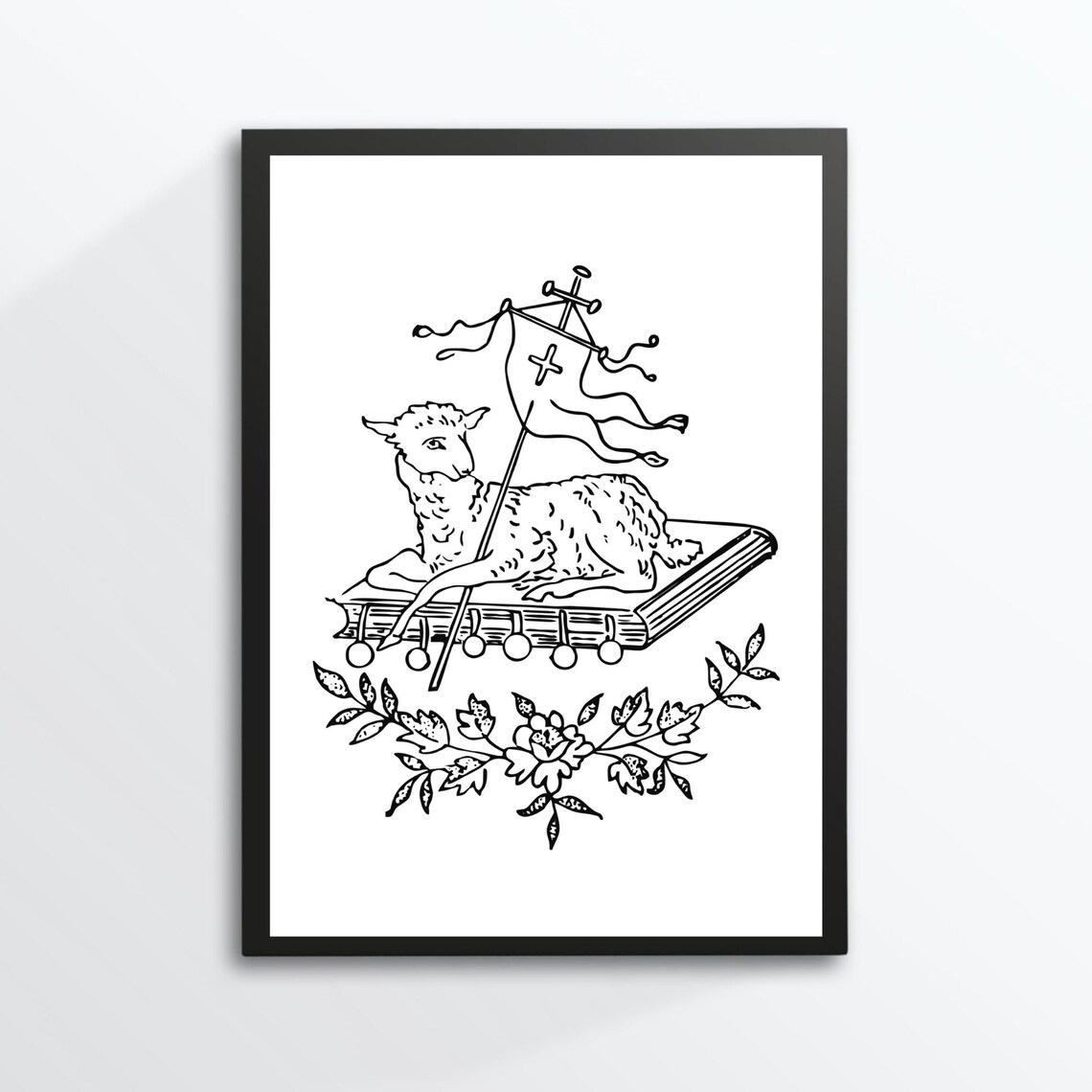 Lamb of God on Sacred Book Cross Banner Sketch Christian Art Print