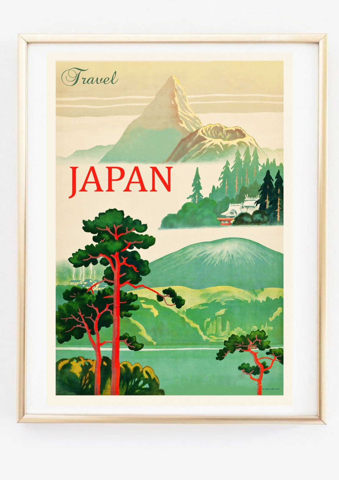 Japan Vintage Travel Poster Red Pine Trees Temple Mountain Lake - Image 2