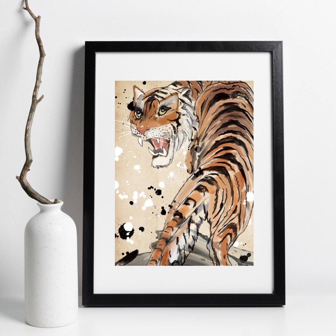Roaring Tiger Japanese Ink Painting Splatter Wildlife Art Poster - Image 2