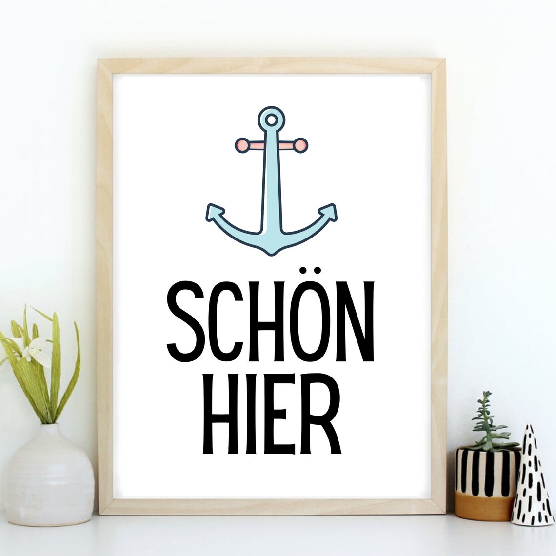 Beautiful Here Anchor German Coastal Saying Poster Blue Maritime Decor - Image 2