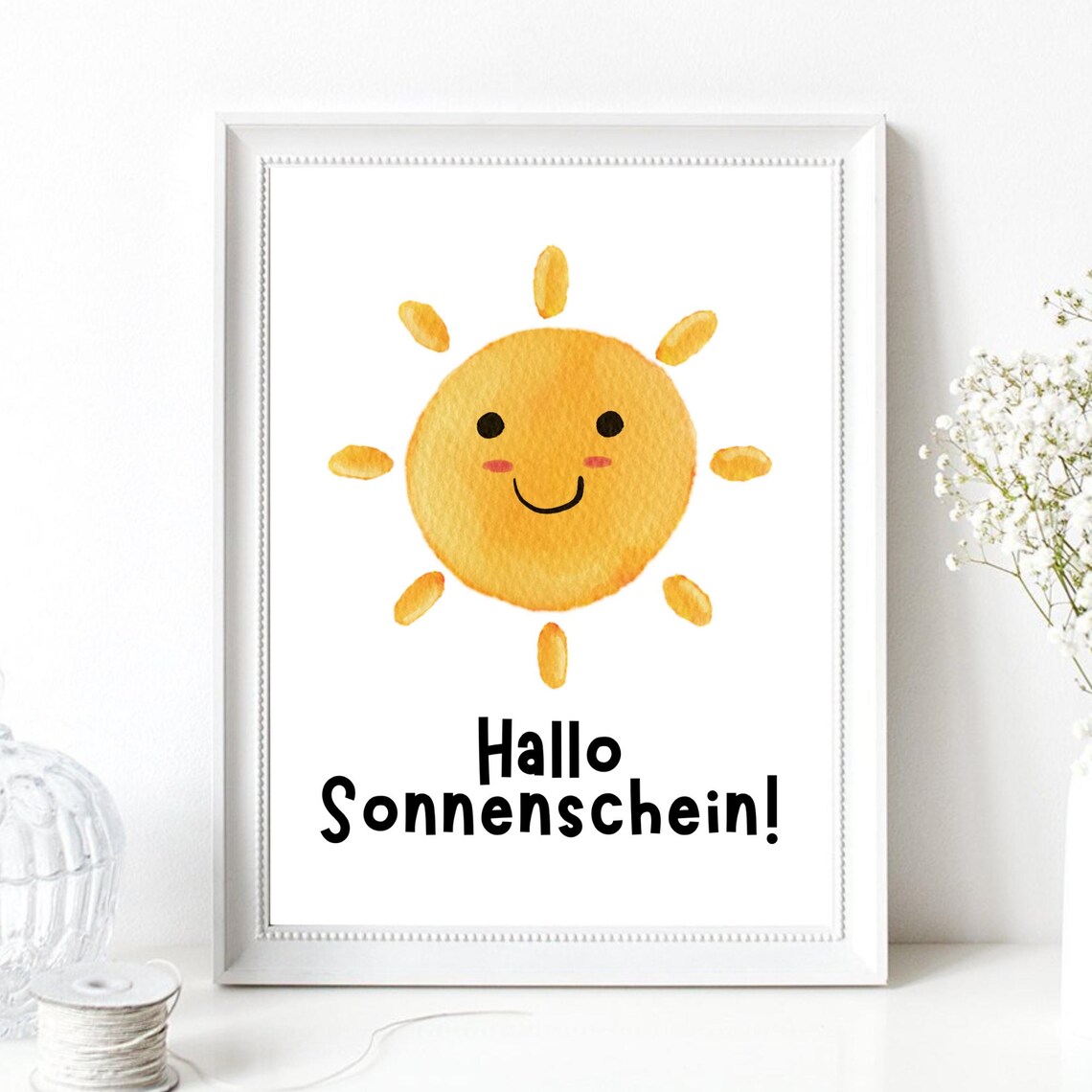 Hello Sunshine Smiling Watercolor Sun Kids Nursery Wall Art Print