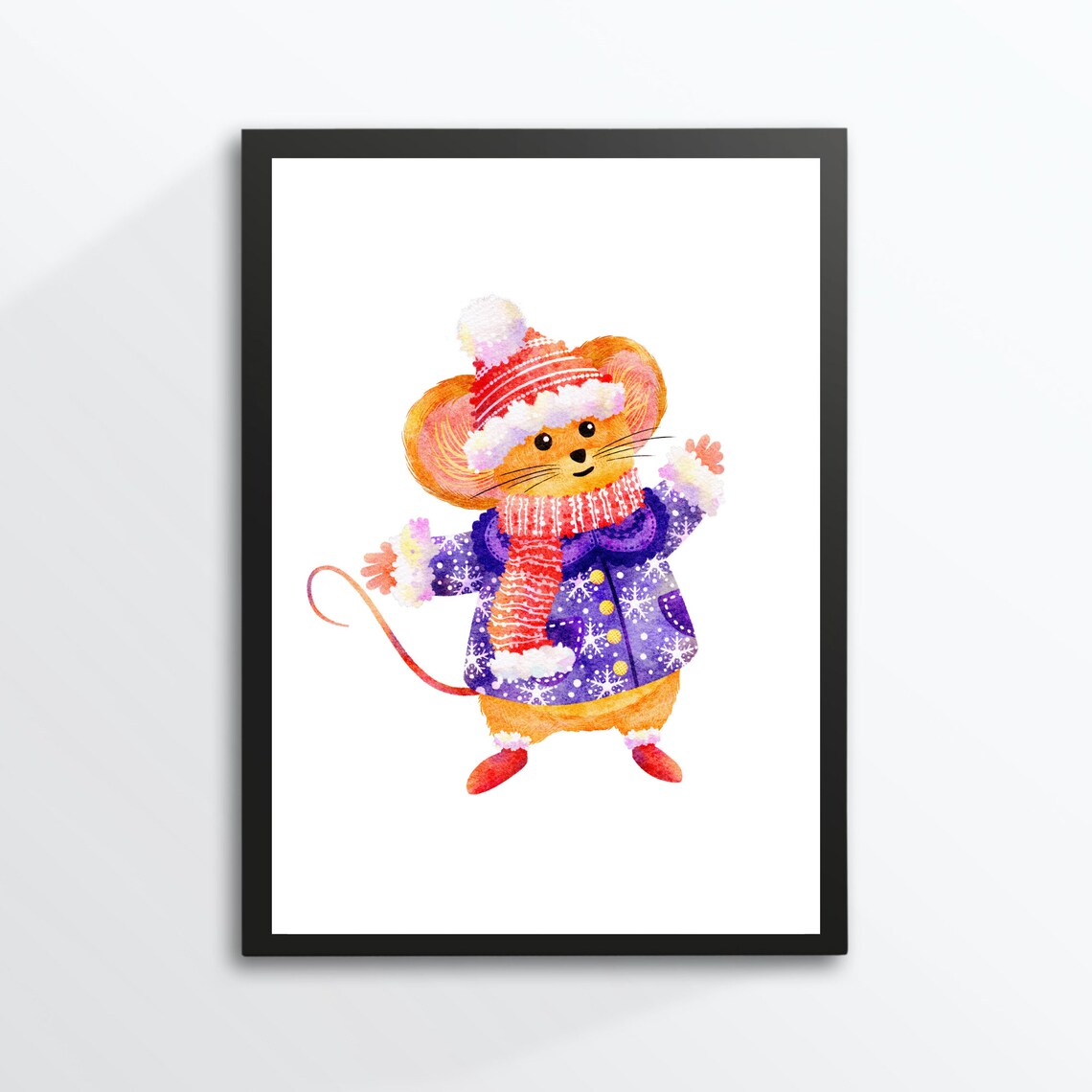 Cute Christmas Mouse Winter Clothes Watercolor Holiday Kids Art Poster