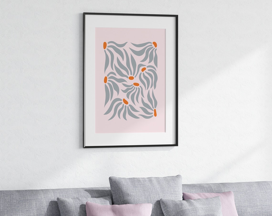 Abstract Grey Orange Flowers Pink Background Modern Art Poster - Image 3
