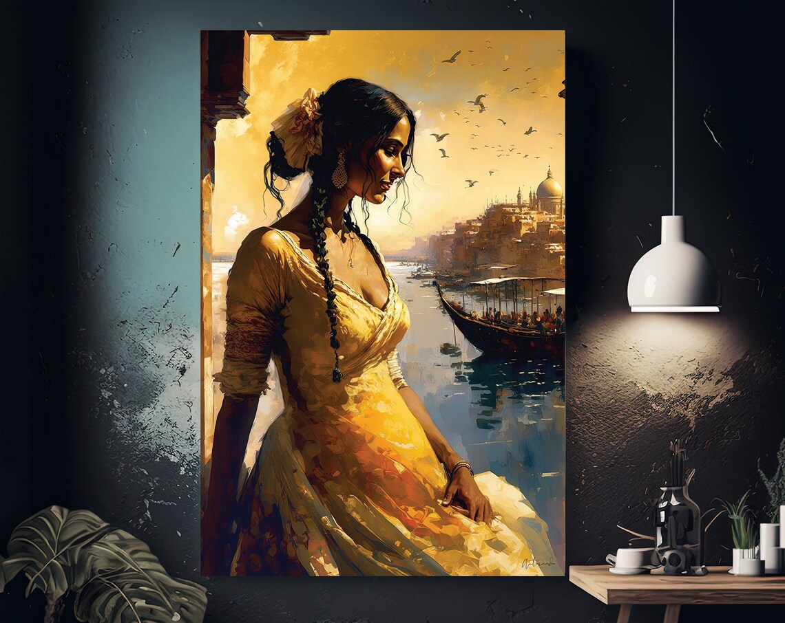Indian Woman Overlooking Golden River Harbor Painting Poster - Image 5