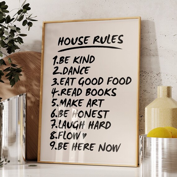 House Rules List Poster, Black Handwritten Style Framed Trendy Family Wall Decor Art