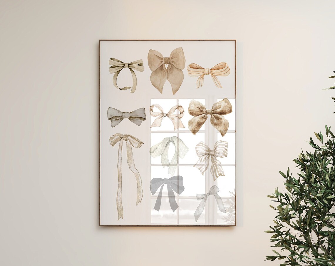 Neutral Watercolor Ribbon Bows Grid Elegant Nursery Wall Poster - Image 3