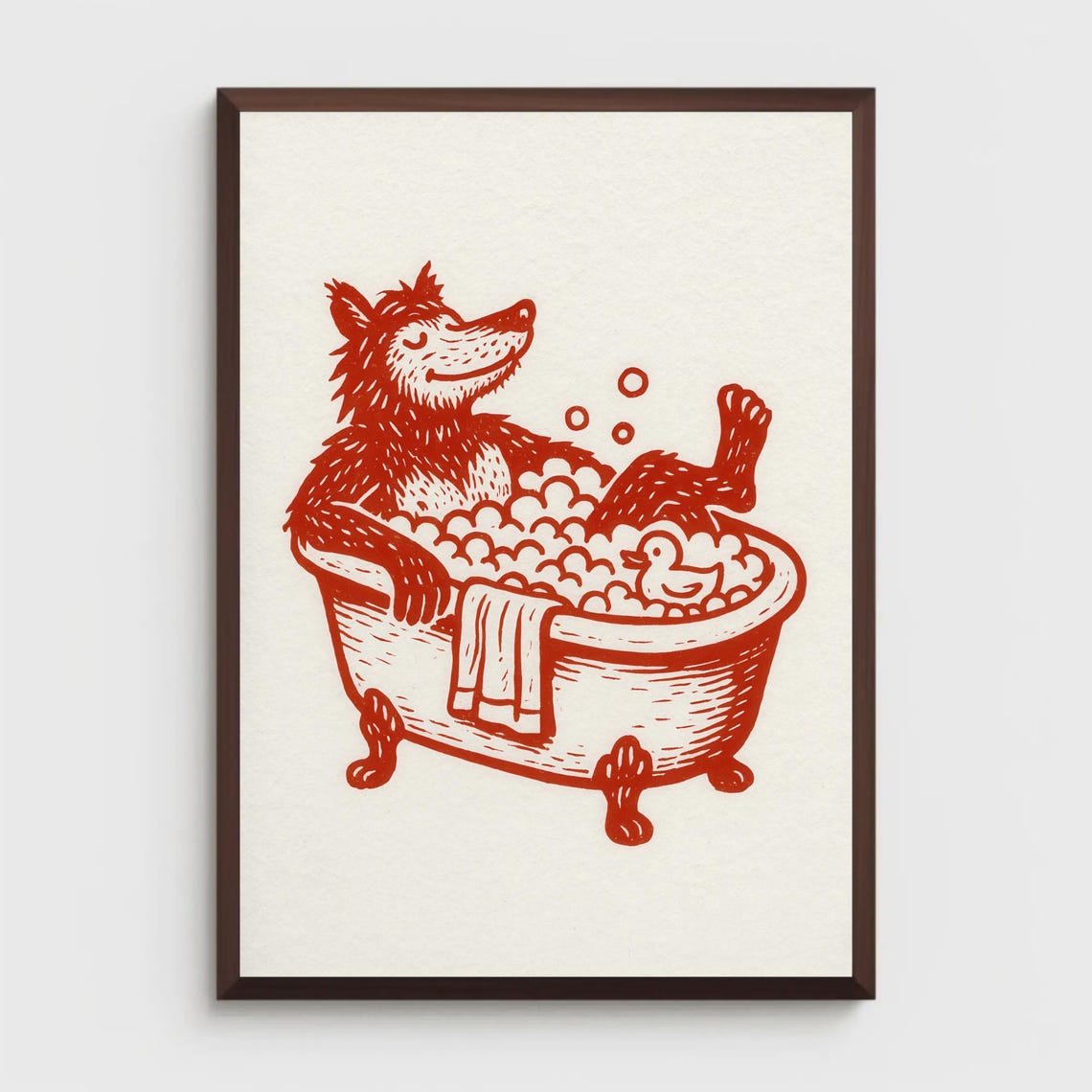 Wolf Soaking In Bubble Bath Tub Whimsical Red Line Art Poster