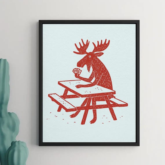 Moose Playing Cards Art Print Whimsical Animal Poster Rustic Folk Style Illustration