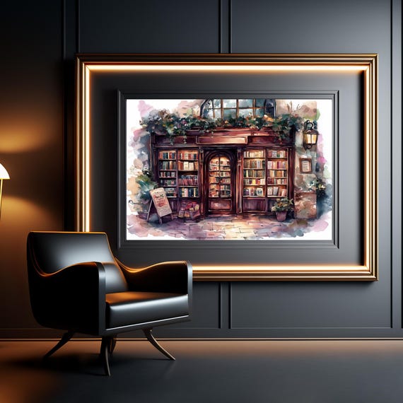 Vintage Bookstore Wall Art Print Cozy Library Watercolor Painting Book Lover Gift Literary Decor Rustic Bookshop Illustration