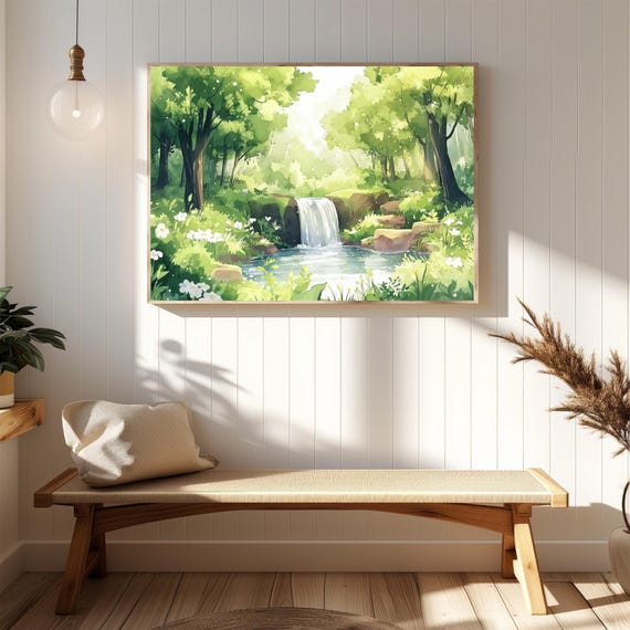 Serene Nature Waterfall Wall Art Decor Peaceful Green Forest Landscape Print Tranquil Scenic Painting For Home Office