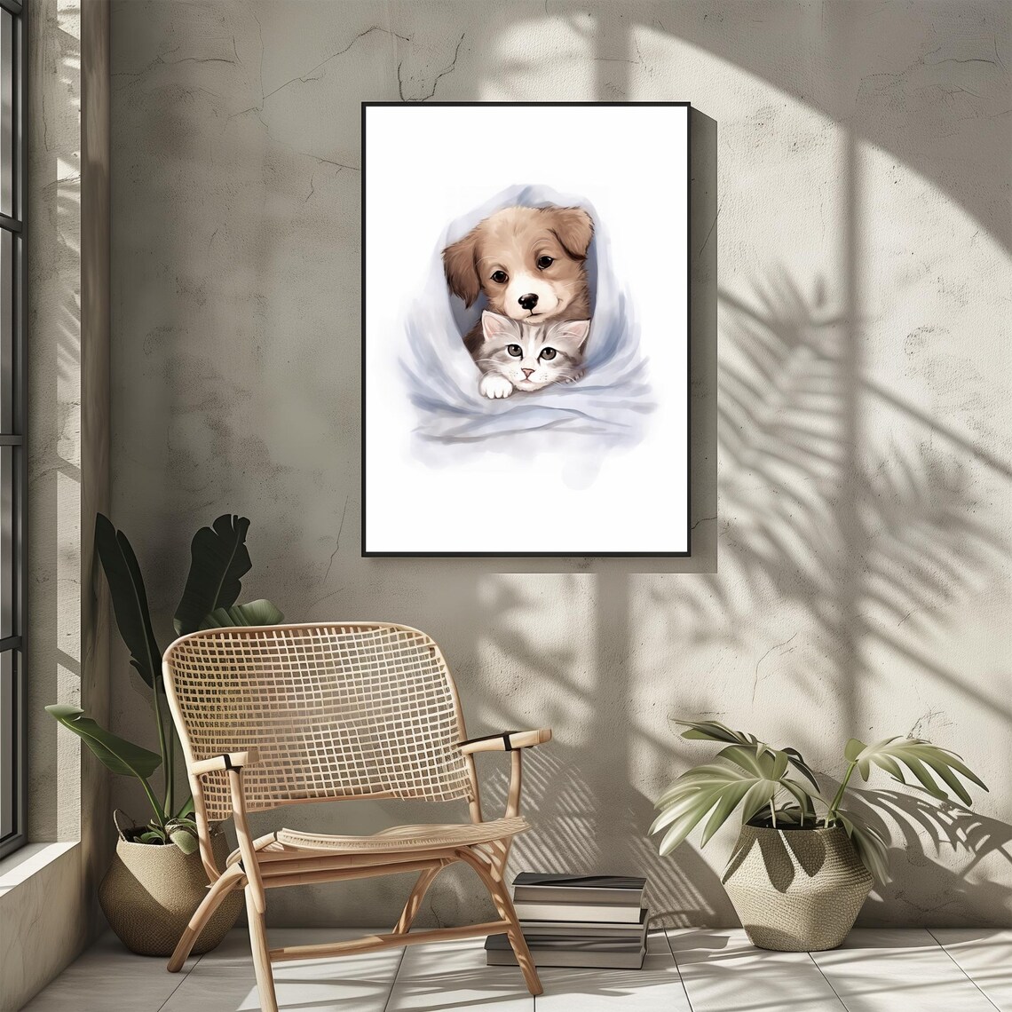 Puppy And Kitten Cuddling Watercolor Sweet Pet Friends Wall Art