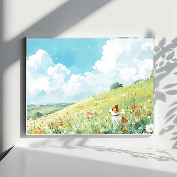 Corgi In A Flower Meadow Wall Art Cute Dog Landscape Print Pastel Colors Nature Canvas Decor Animal Artwork Gift For Lovers