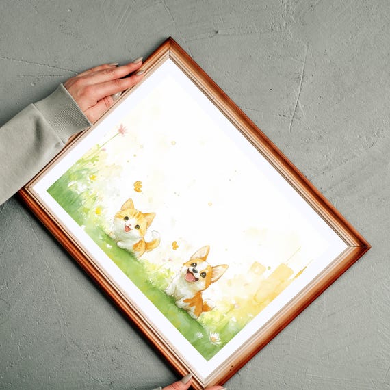 Corgi Puppies Wall Art Adorable Pet Watercolor Print Cute Dog Decor Nursery Room Animal Lover Gift Home Decoration