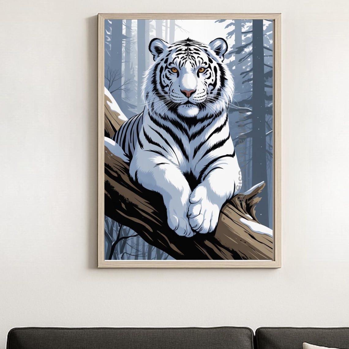 White Tiger In Snowy Forest Bold Graphic Dramatic Wildlife Poster