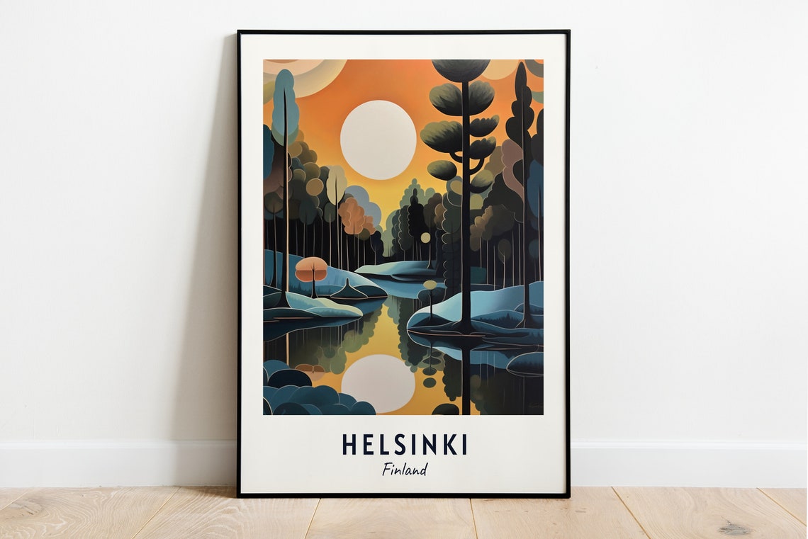 Helsinki Finland Forest Lake Orange Sunset Travel City Poster