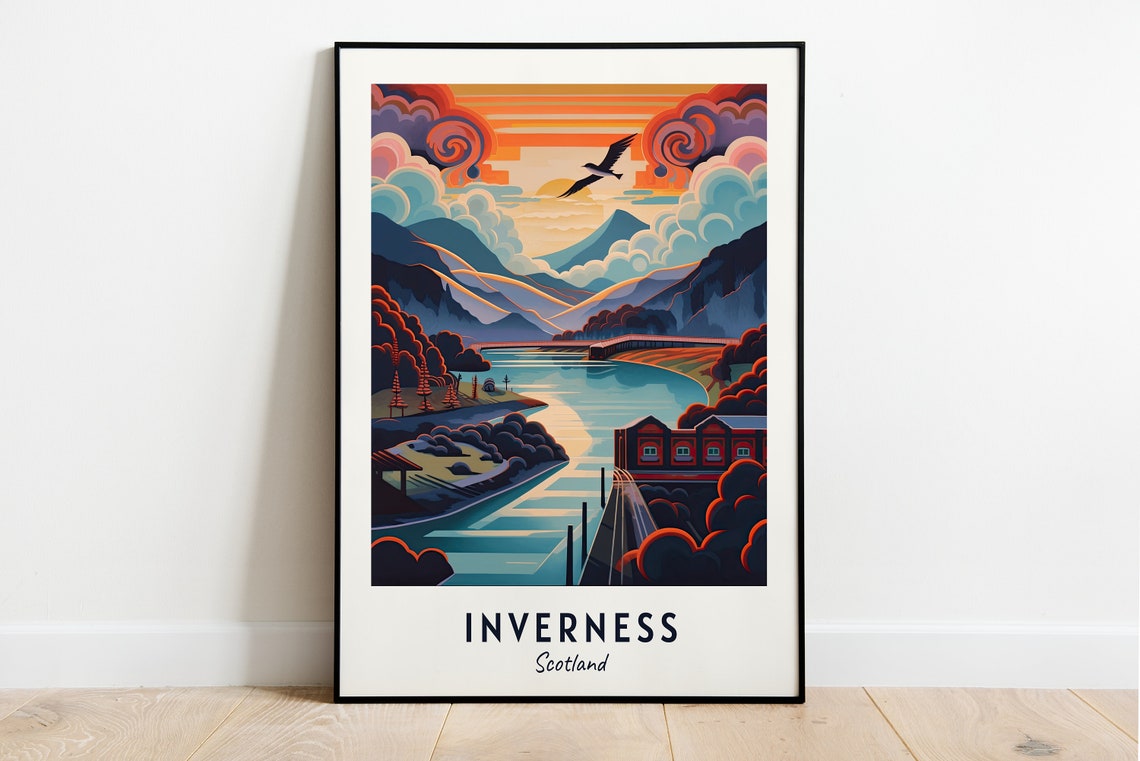 Inverness Scotland River Valley Sunset Illustrated Travel Poster