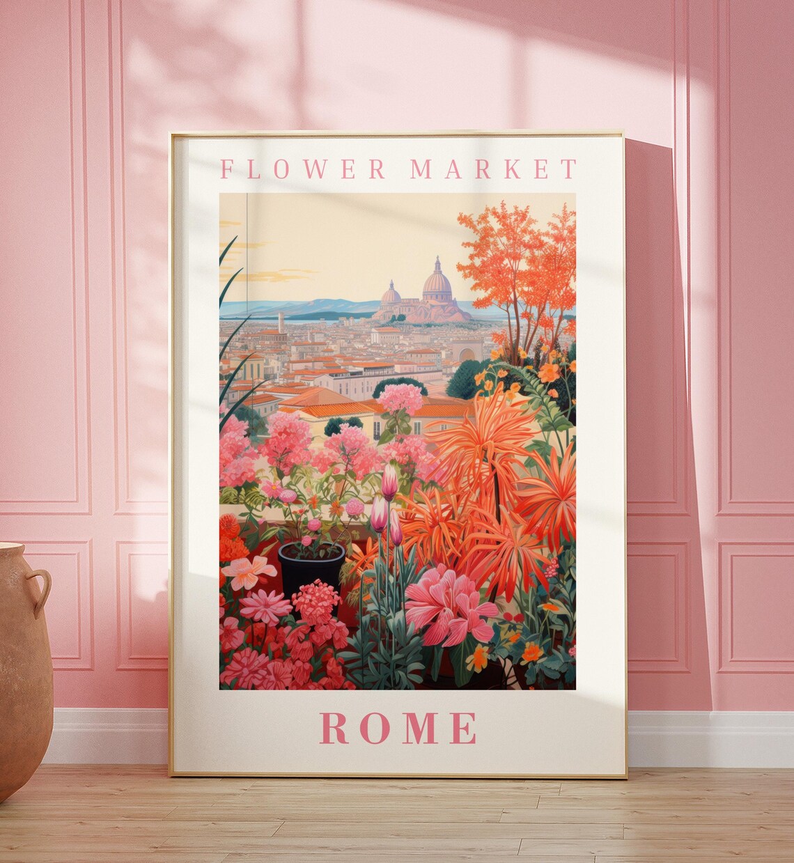 Rome Flower Market Poster with Pink Bloom Garden of St Peter