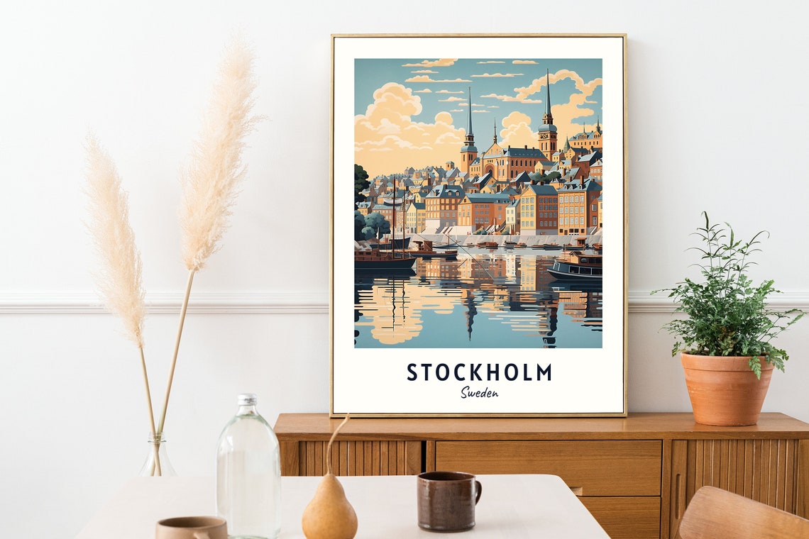 Stockholm Sunset Harbor Waterfront Church Spires Travel Poster - Image 2