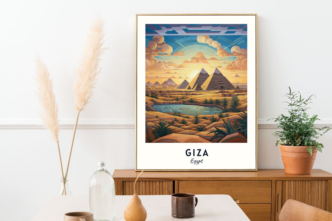 Giza Egypt Pyramids Desert Oasis Pond Palm Trees Sunrise Poster - Image 2