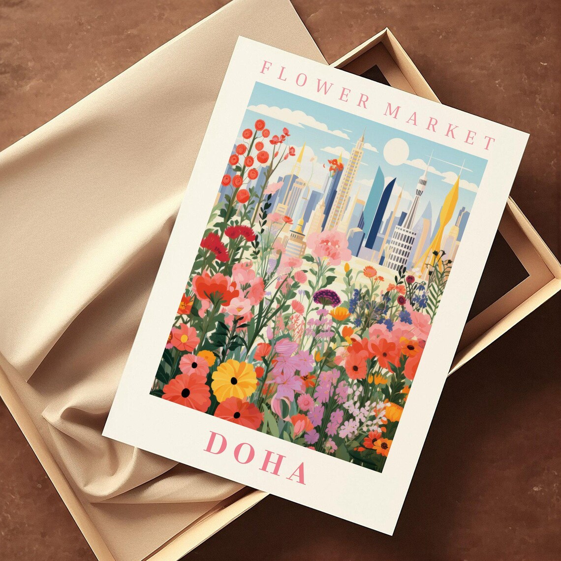 Doha Flower Market Poster with Modern Skyline Moonlit Wildflower Art - Image 2