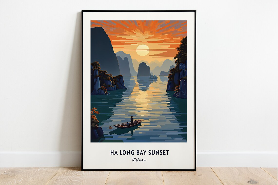 Ha Long Bay Sunset Vietnam Karst Bay Boat Scene Travel Poster