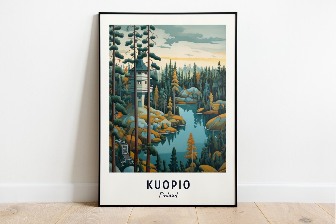 Puijo Tower Among Tall Pines over a Lake in Kuopio Finland Poster
