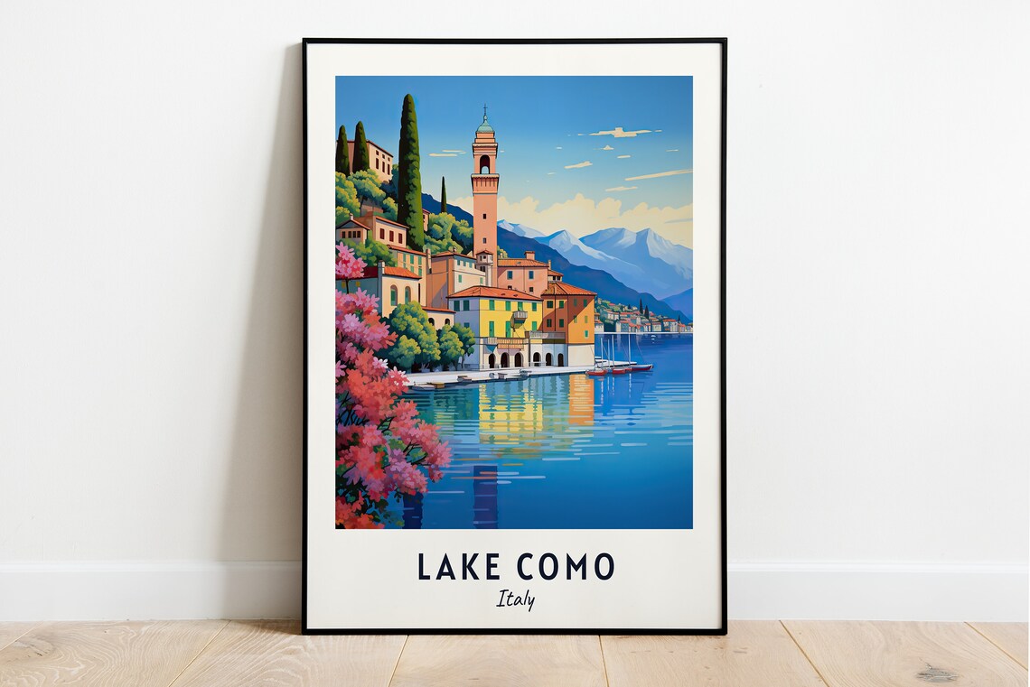 Lake Como Lakeside Village and Bell Tower Italy Travel Poster