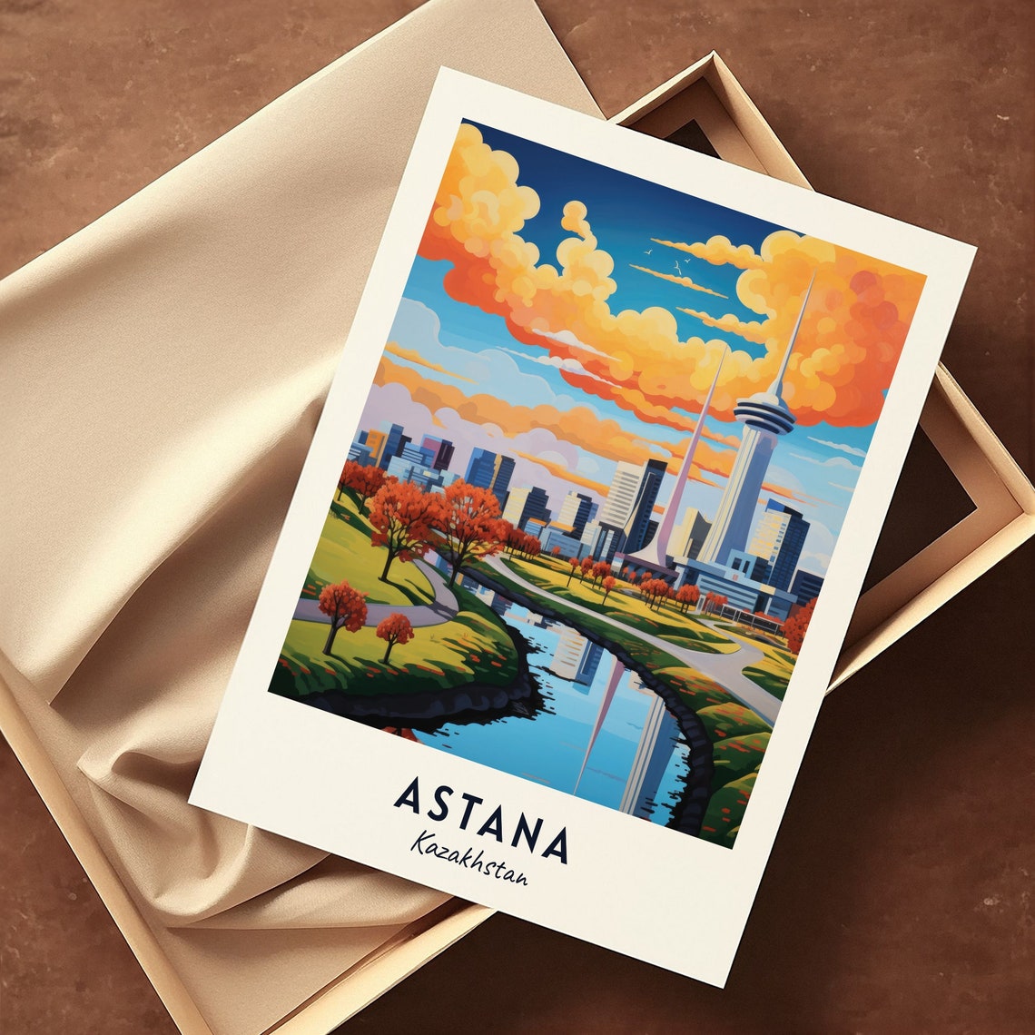 Astana Kazakhstan Modern Skyline River Park And Autumn Trees Poster - Image 3