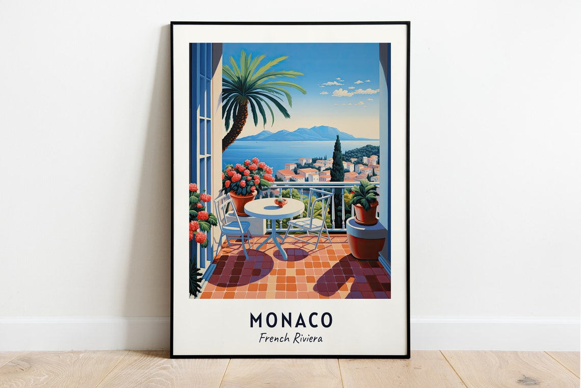 Monaco Sunny Terrace Cafe Table French Riviera Travel Poster