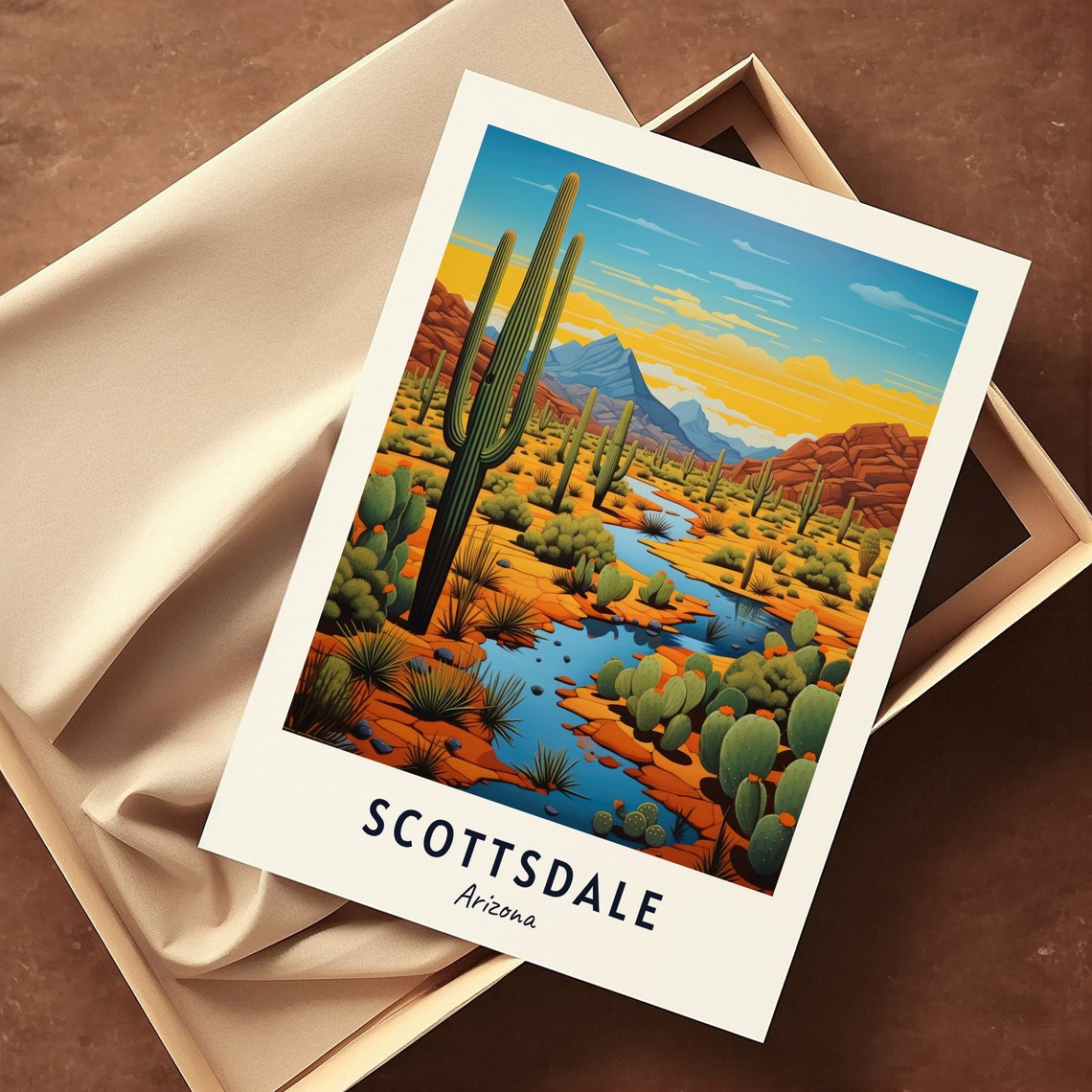 Scottsdale Arizona Desert Saguaro Cacti Mountain River Travel Poster - Image 3