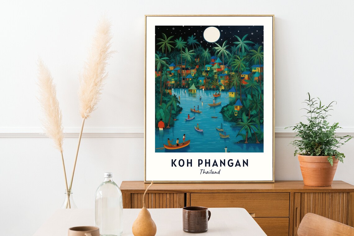Koh Phangan Thailand Moonlit Lagoon Boats Night Travel Poster - Image 2