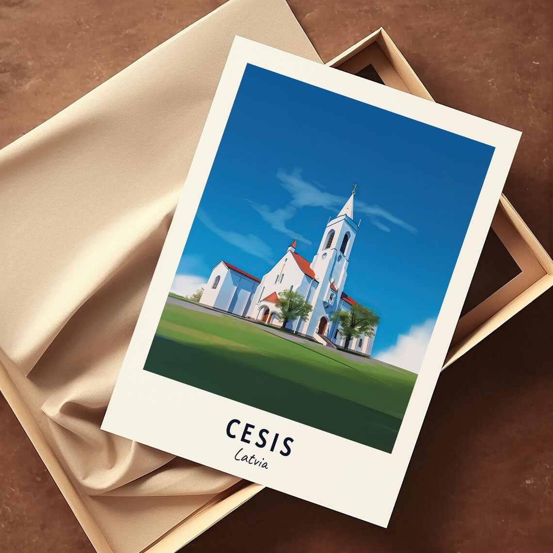 Cesis Church on the Green Hill Under Blue Sky Latvia Travel Poster - Image 3
