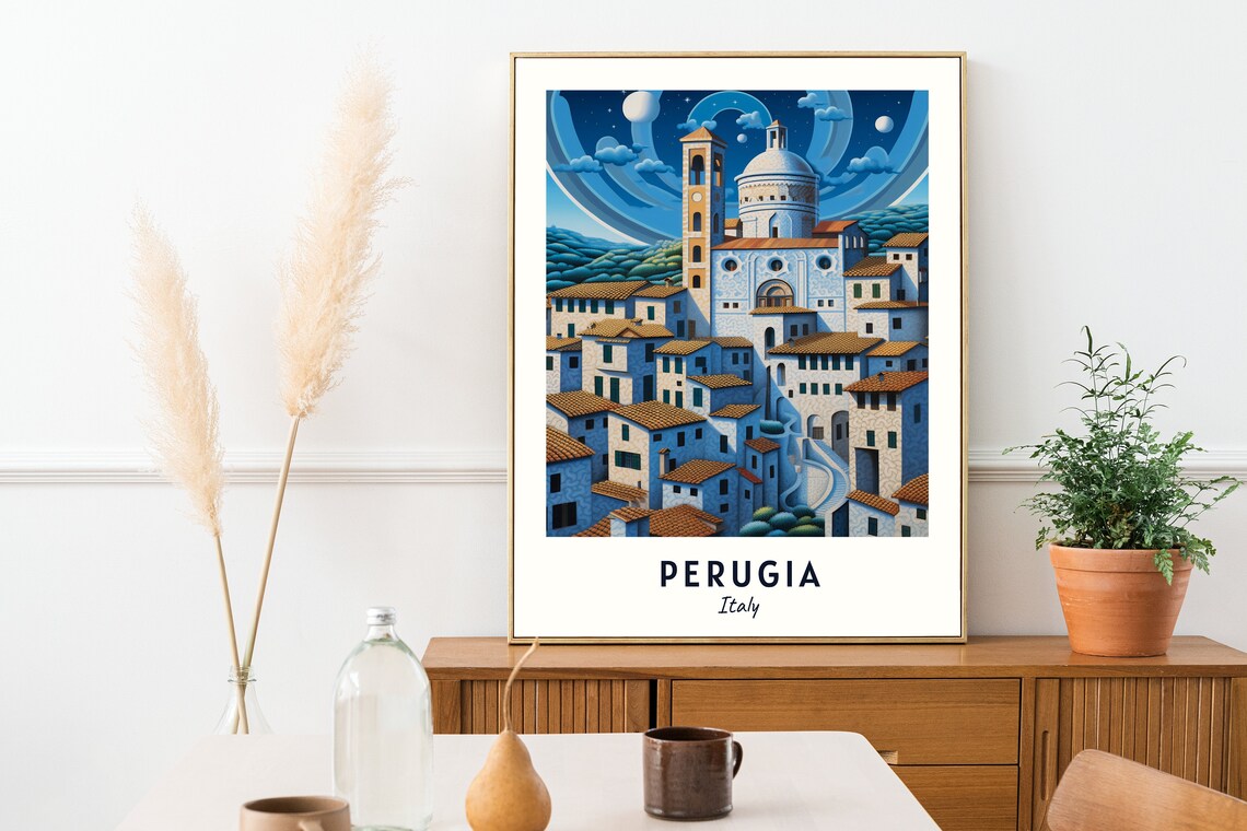 Perugia Italy Moonlit Hilltop Church Night Travel Poster Home Decor - Image 2