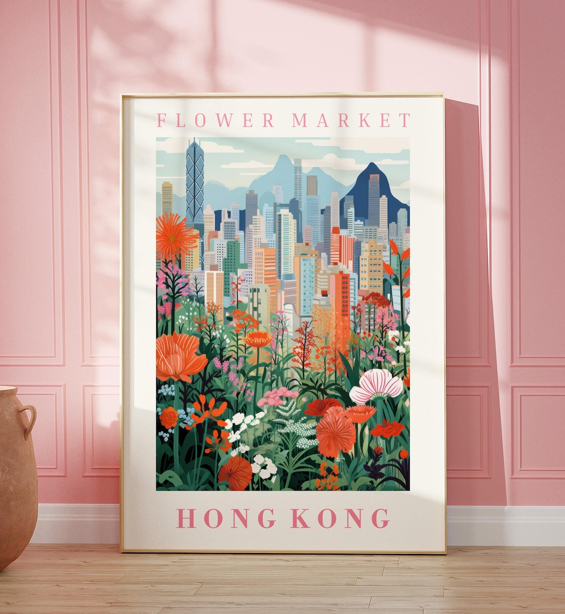 Hong Kong Flower Market Poster with Mountain Skyline Wildflower Art