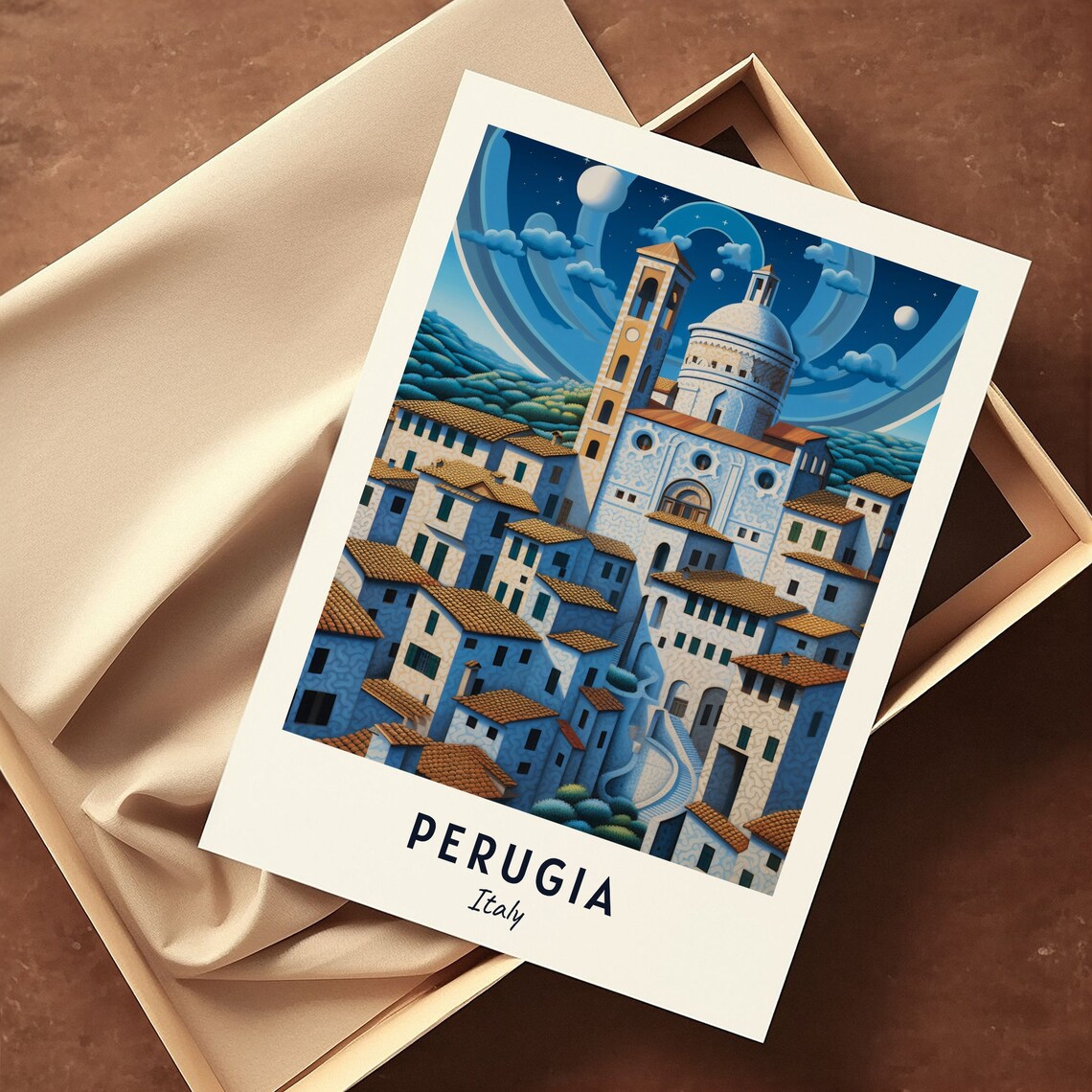 Perugia Italy Moonlit Hilltop Church Night Travel Poster Home Decor - Image 3