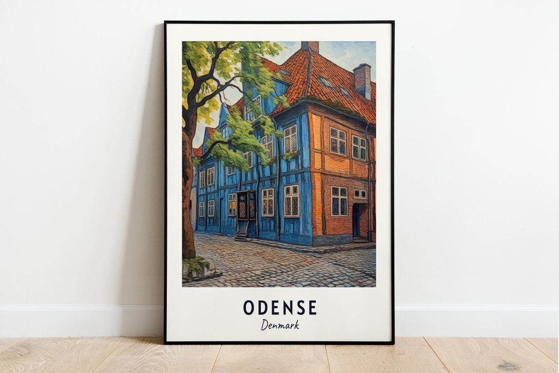 Odense Denmark Historic Blue Half Timbered House Travel Poster