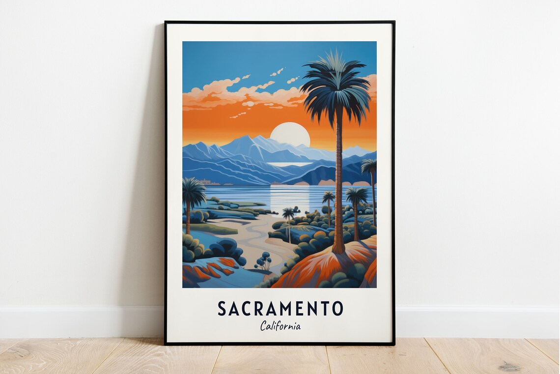 Sacramento California River Sunset Palms and Mountains Travel Poster