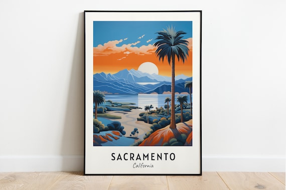 Sacramento California River Sunset Palms and Mountains Travel Poster