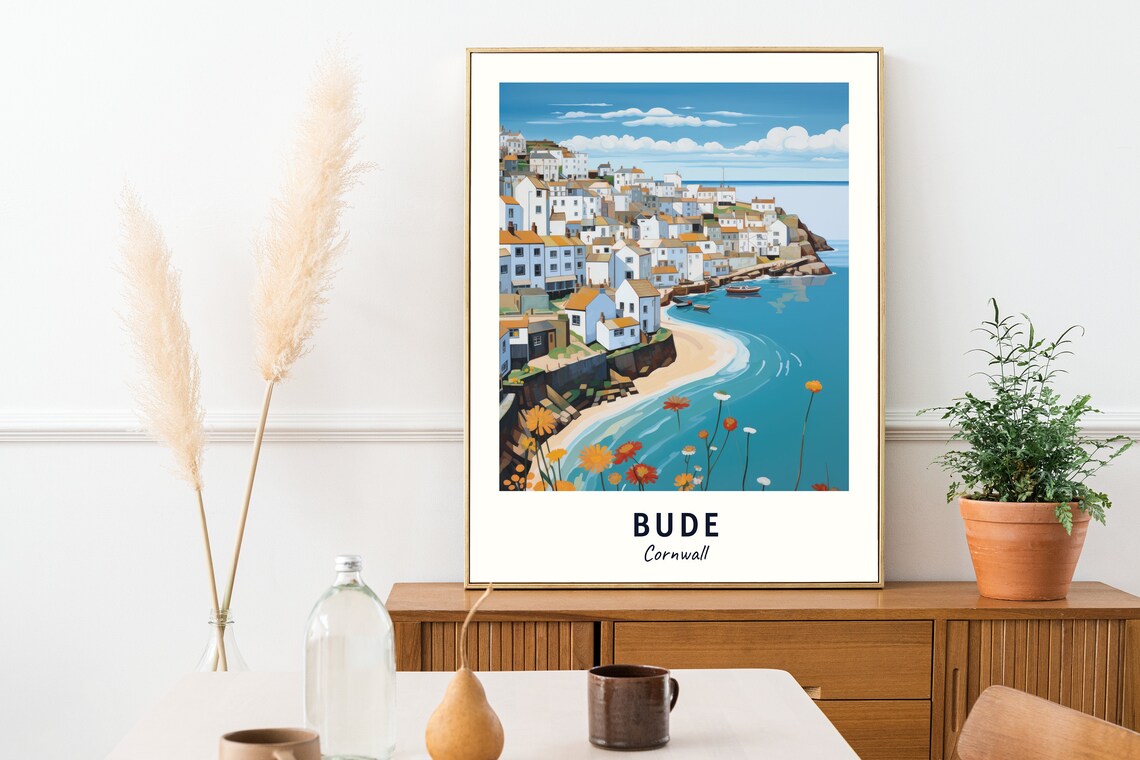 Bude Cornwall White Cottages And Boats By The Sea Travel Poster - Image 2