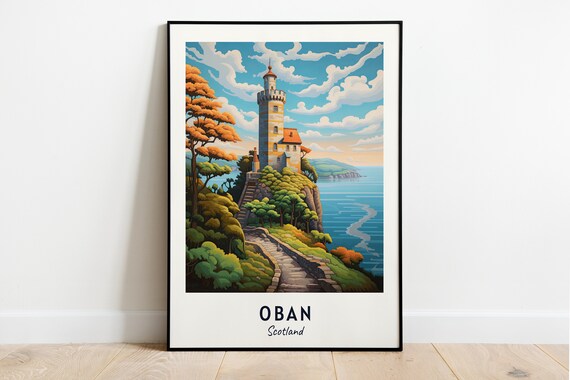 Oban Scotland Lighthouse Rocky Cliff Coastline Art Travel Poster