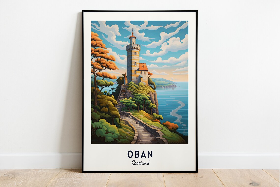 Oban Scotland Lighthouse Rocky Cliff Coastline Art Travel Poster