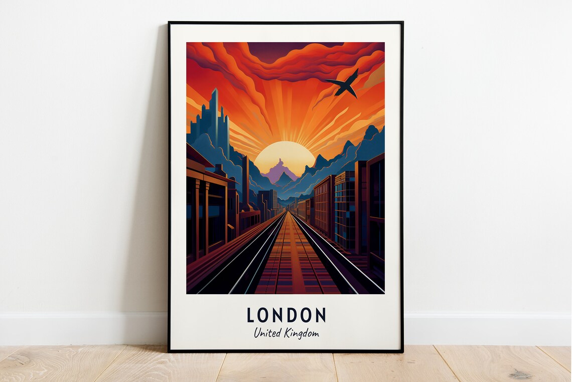 London United Kingdom Dramatic Sunrise City Street View Travel Poster