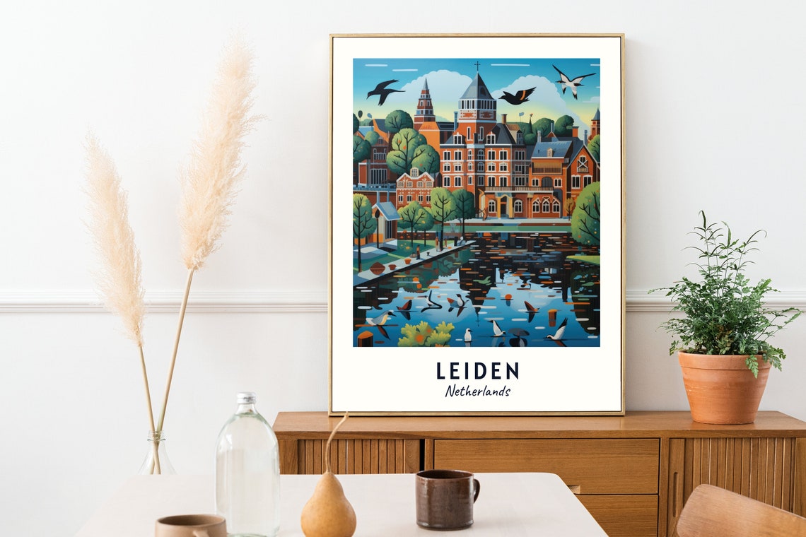 Leiden Netherlands Canal Historic Brick Building Travel Poster - Image 2